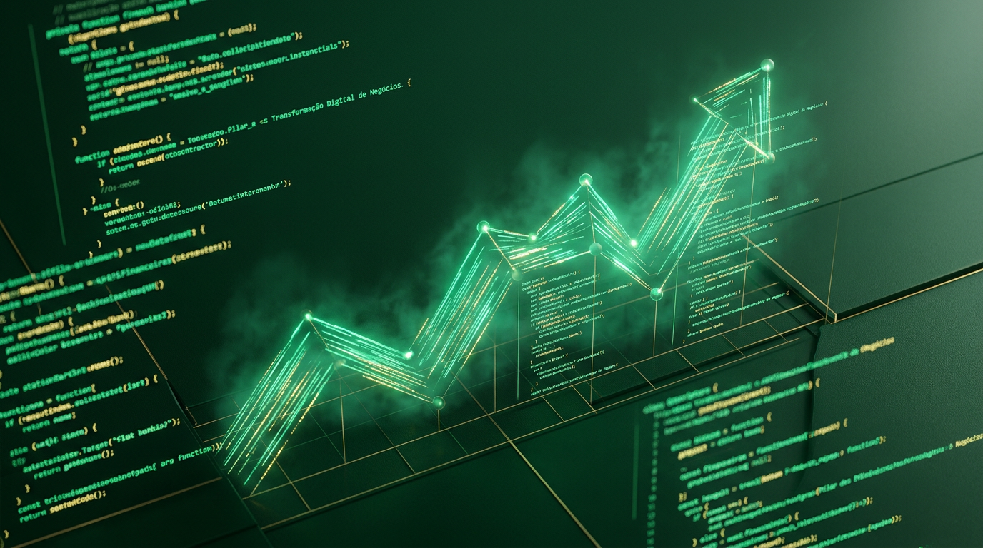 Representação visual de APIs financeiras, com linhas de código e símbolos de conexão interligando diferentes dispositivos e plataformas.