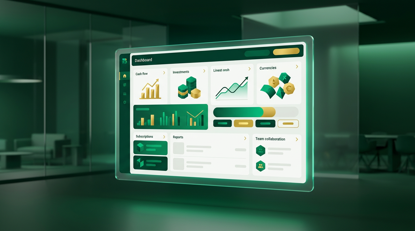 Mãos digitando em laptop com elementos gráficos de finanças e negócios ao redor.