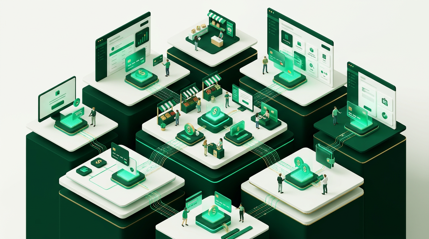 Mãos interagindo com um tablet que exibe gráficos e símbolos financeiros integrados a um aplicativo de uso cotidiano, ilustrando a fluidez do embedded finance.