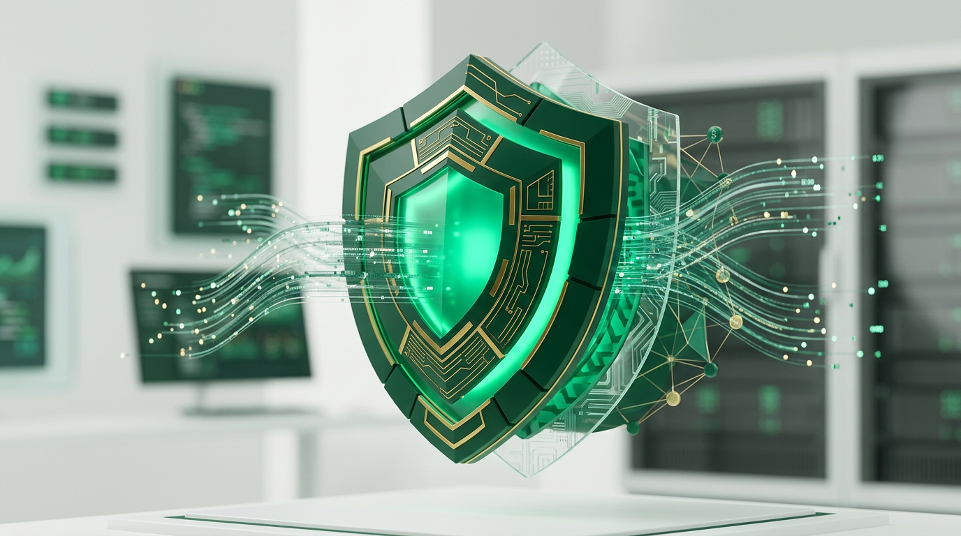 Representação visual de um escudo digital protegendo uma rede de dados e transações financeiras, simbolizando segurança robusta para fintechs.