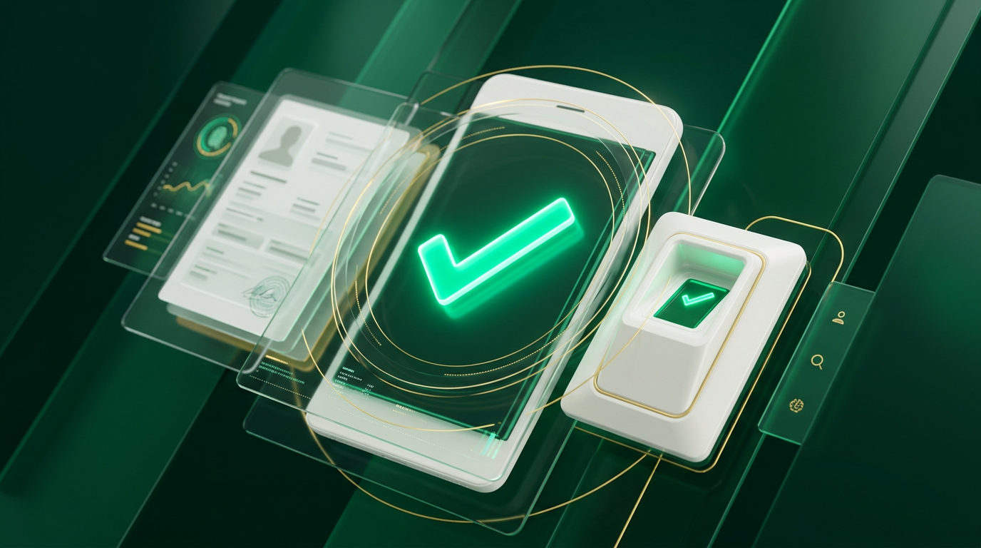 Representação digital de segurança de dados e identidade, com ícones de biometria e verificação.