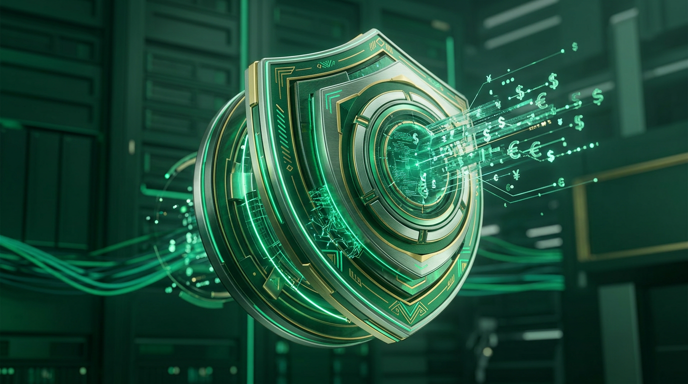 Representação visual de uma rede de segurança digital protegendo transações financeiras em um ambiente de fintech, com elementos de dados e análise.