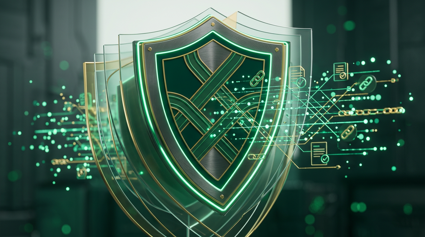 Mãos digitais segurando um escudo com ícones de dados binários e cadeado, simbolizando proteção antifraude em um ambiente digital.