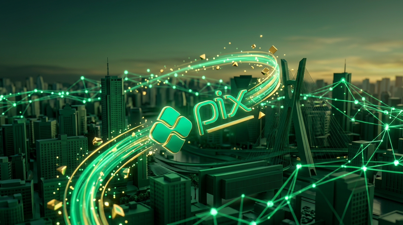 Visão macro de um ambiente digital mostrando fluxos de dados e transações Pix