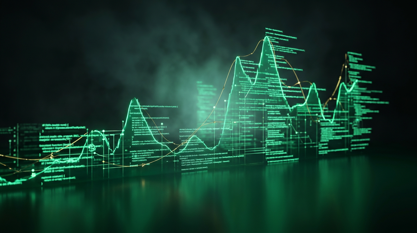 Representação visual de APIs financeiras conectando diferentes plataformas e serviços, com linhas digitais e ícones de dados.