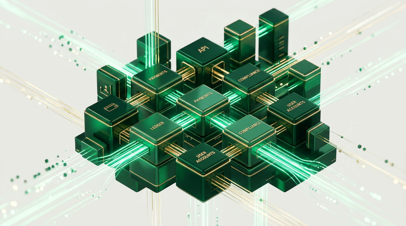 Representação visual de diversos serviços financeiros interligados digitalmente, simbolizando um ecossistema BaaS.