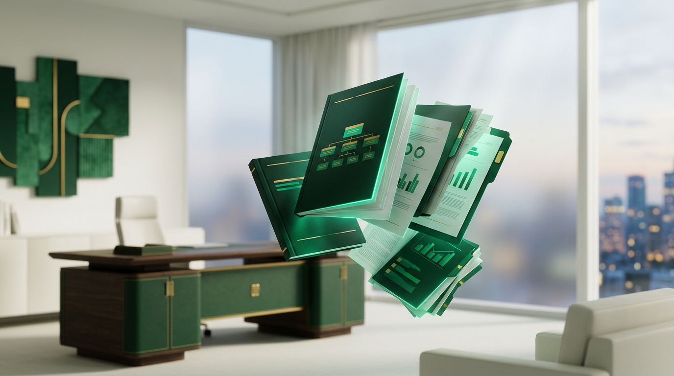 Visão panorâmica de um escritório moderno e organizado, com placas de sinalização discretas indicando 'Compliance' e 'Risk Management', transmitindo seriedade e segurança.