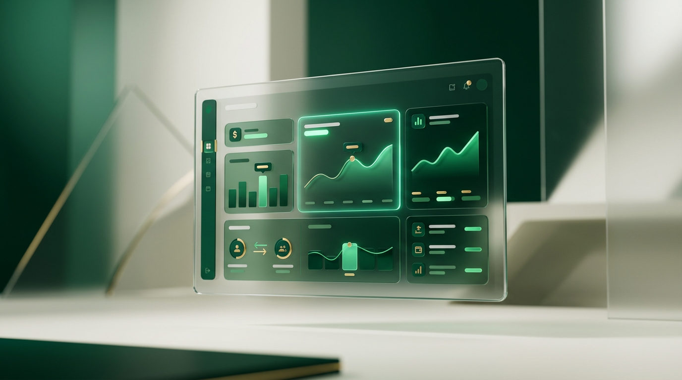Representação digital de integrações financeiras e dados em um painel de controle de conta PJ.