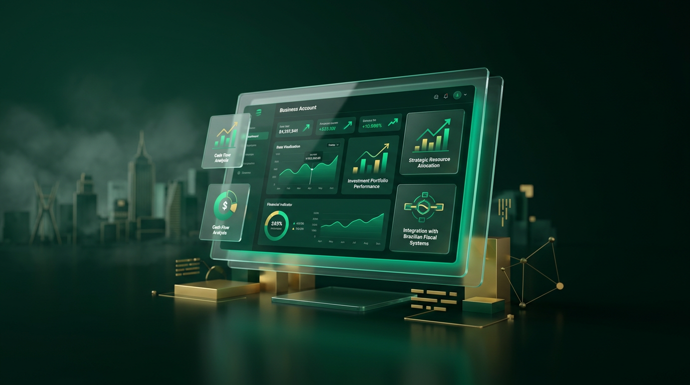 Visão de um painel de controle financeiro digital com gráficos e números, representando a gestão estratégica de uma conta digital PJ.