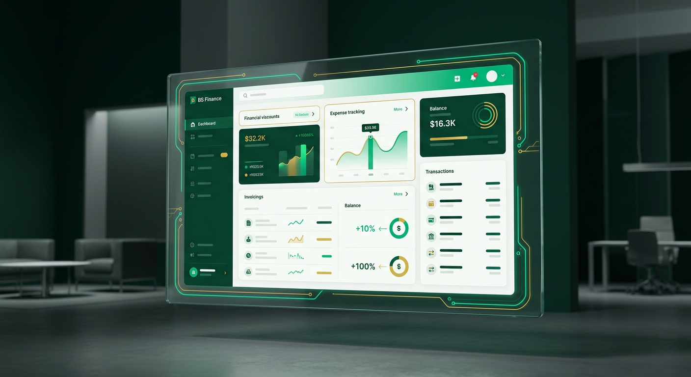 Painel de controle exibindo dados financeiros e gráficos, com focus em uma tela de computador com a interface de uma conta digital PJ.