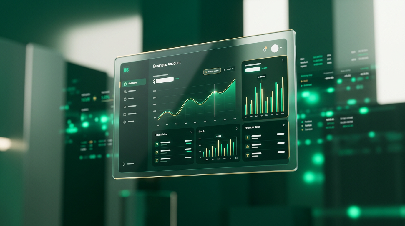 Executivos analisando dados financeiros em tela de computador, com elementos gráficos de integração e análise de negócios digitais ao fundo, simbolizando a complexidade e a solução white label para contas PJ.
