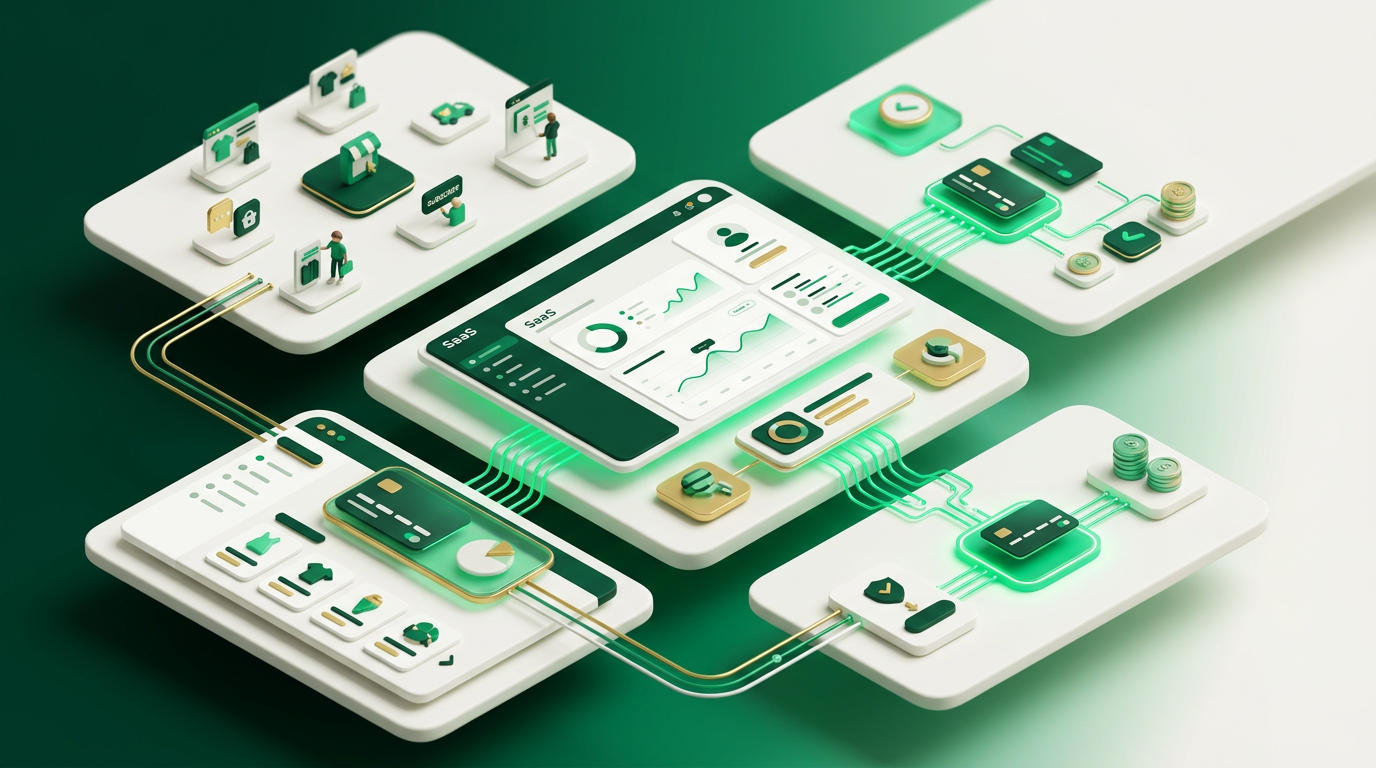 Representação visual de serviços financeiros integrados em uma plataforma digital, com ícones de pagamentos, crédito e tecnologia.