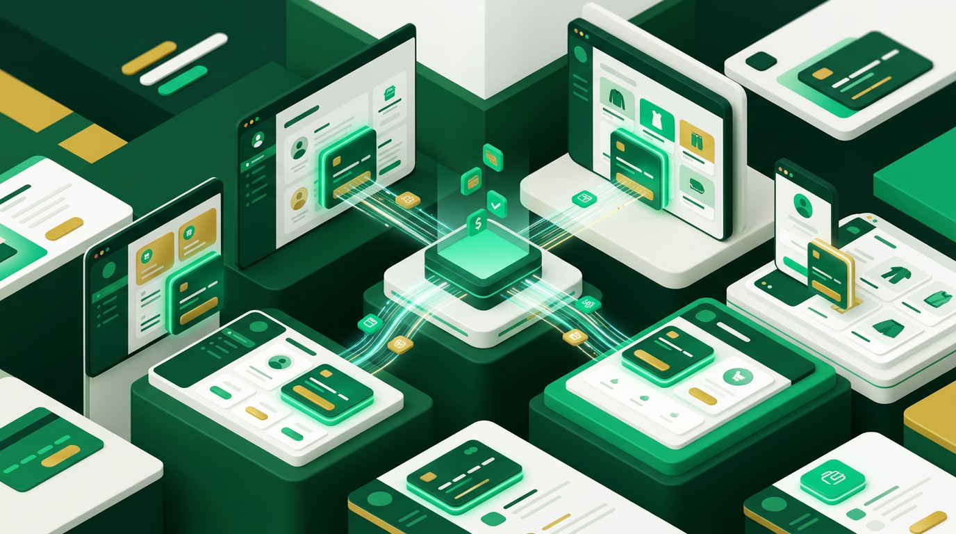 Integração de serviços financeiros em uma plataforma digital, simbolizando embedded finance e monetização.