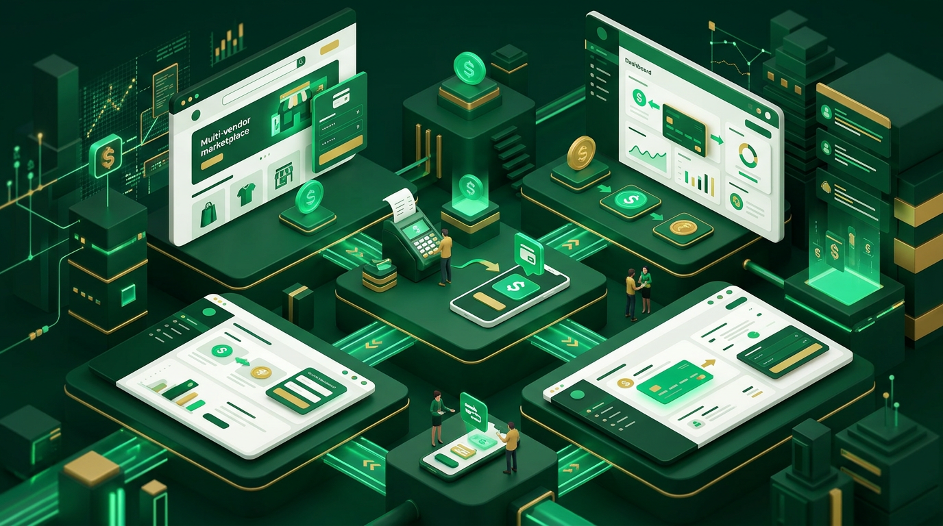 Visão de um painel de controle digital com elementos financeiros e ícones que representam diferentes mercados, simbolizando a integração do embedded finance em novos setores.