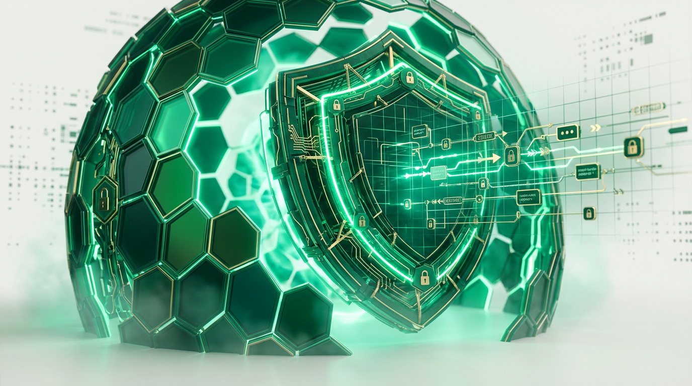 Representação visual de um escudo digital protegendo operações financeiras, com elementos de tecnologia e segurança em segundo plano.