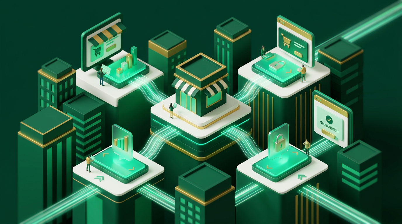Diagrama ilustrando a integração de serviços financeiros em uma plataforma digital, com ícones representando pagamentos, crédito e seguros.