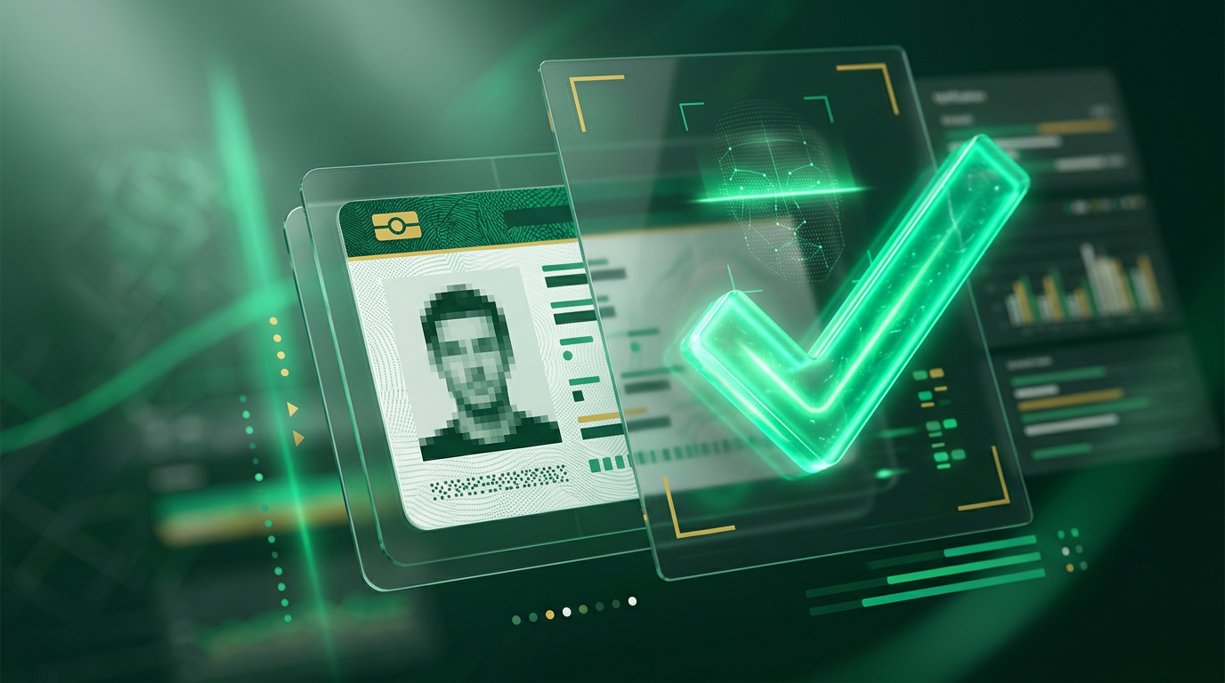 Representação digital de verificação de identidade com elementos de segurança e tecnologia.