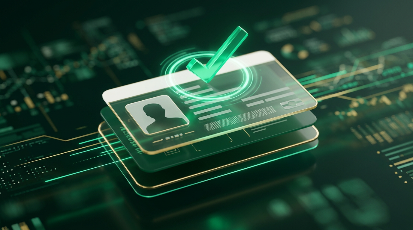 Representação digital de identidade com ícones de segurança e dados, simbolizando KYC.