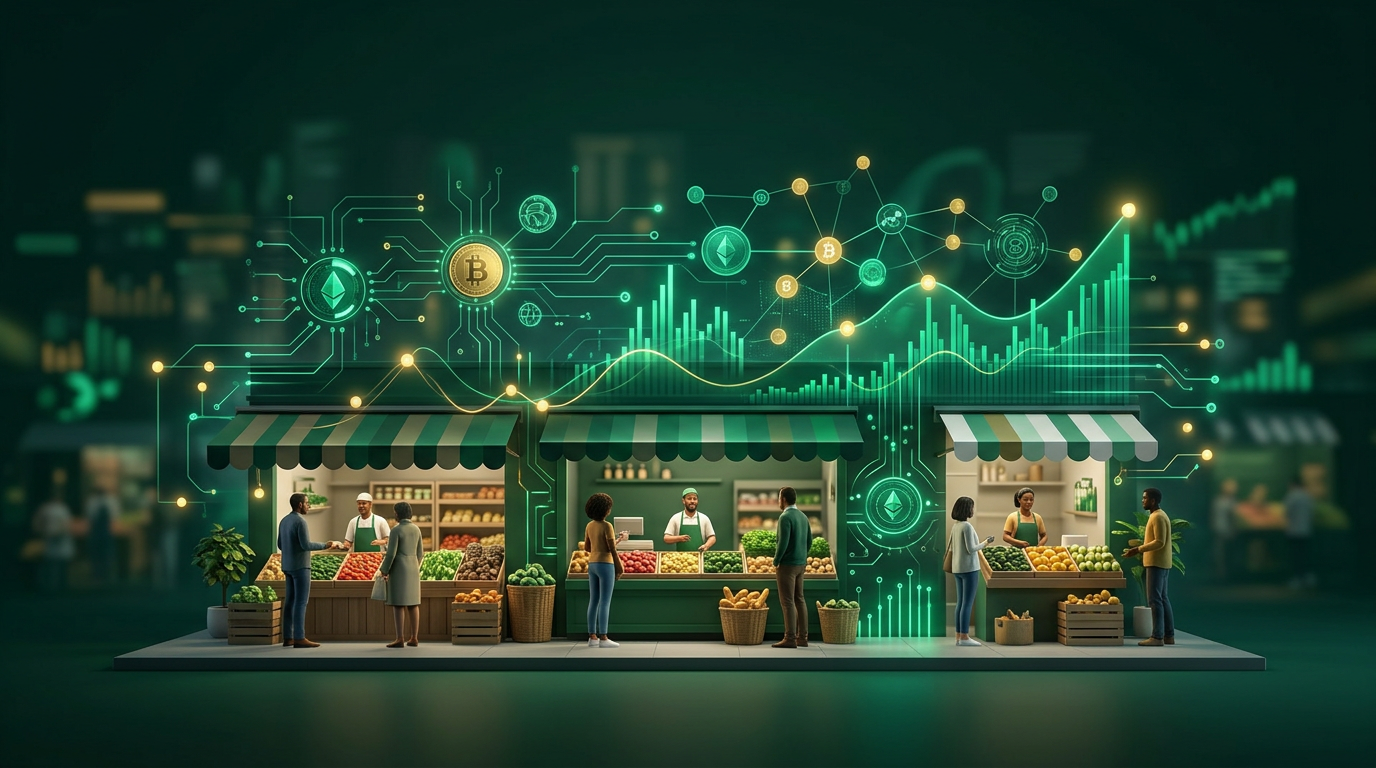 Representação visual da integração entre um marketplace e diversos serviços fintechs, como pagamentos, crédito e contas digitais, simbolizando um ecossistema financeiro interconectado.