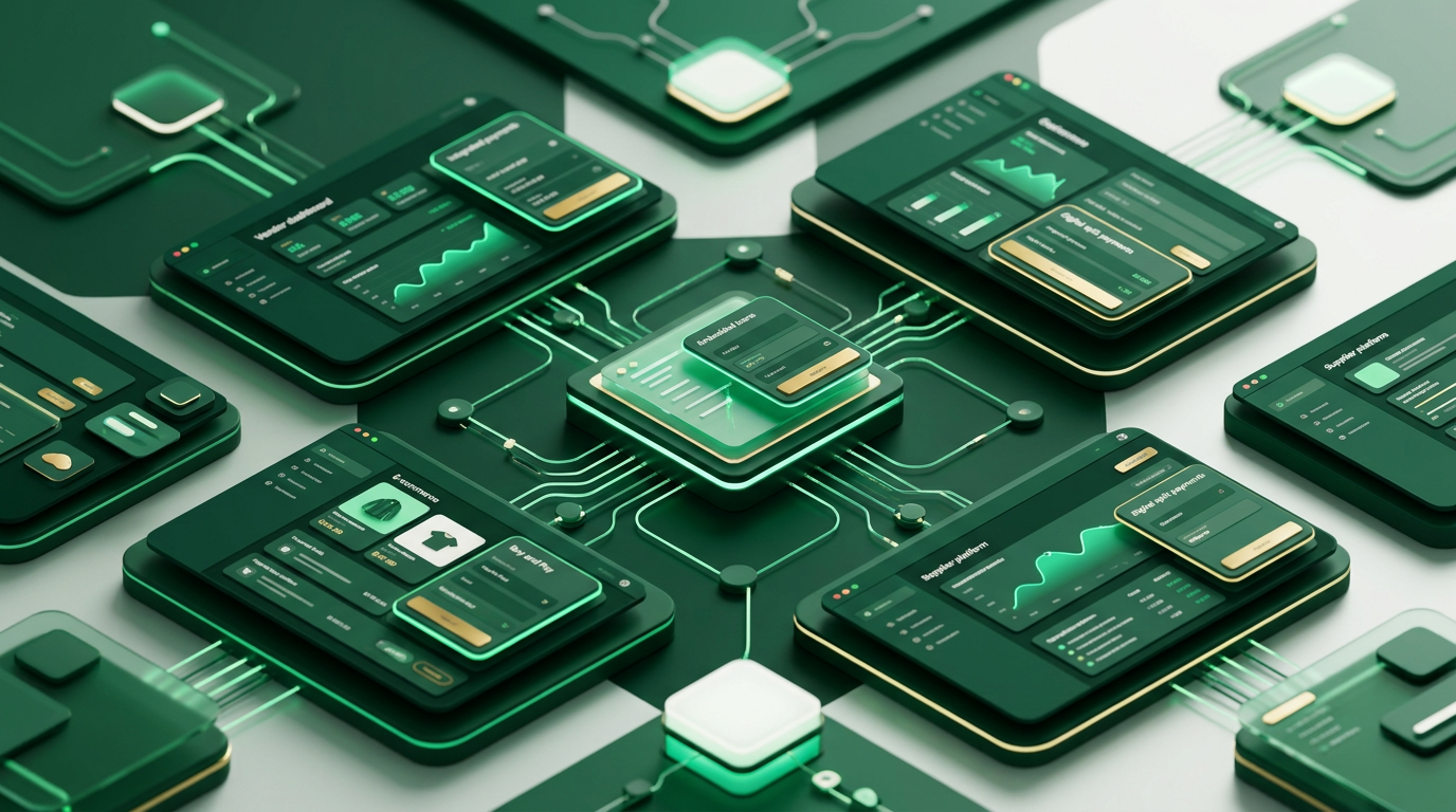 Representação visual de conceitos financeiros integrados digitalmente com elementos de tecnologia e negócios, simbolizando o Embedded Finance.