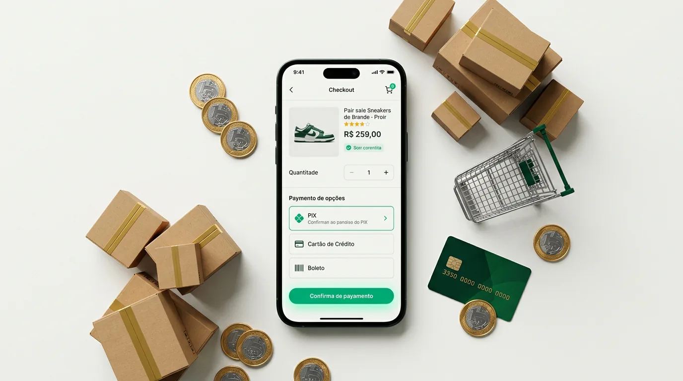 Representação visual de embedded finance com elementos de integrações financeiras em plataformas digitais, como smartphones e laptops, indicando transações e fluxos de dados seguros.