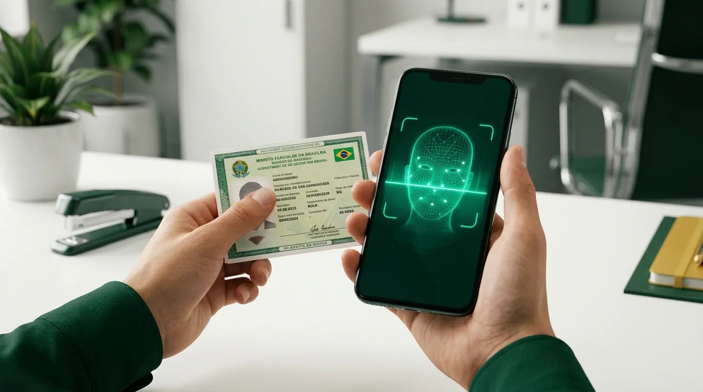 Representação visual do processo de KYC digital, com ícones de biometria facial, documentos e análise de dados, simbolizando segurança e agilidade.